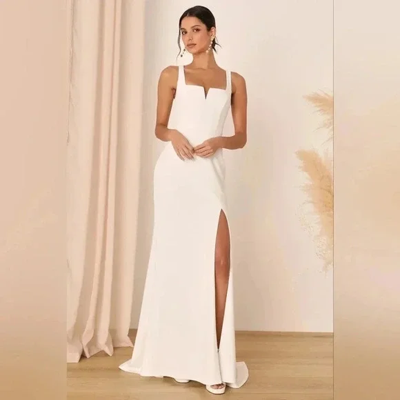 Lulu's Everlasting Promise White Notched Backless Mermaid Maxi Dress Bridal